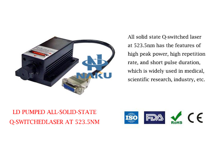 High Peak Power 523.5nm Q-switched Green Laser 0.1~10µJ/1~50mW